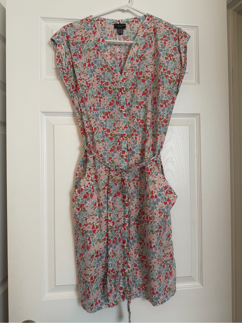 Cap-Sleeve Floral Tie-Waist Midi Dress in Pink & Blue